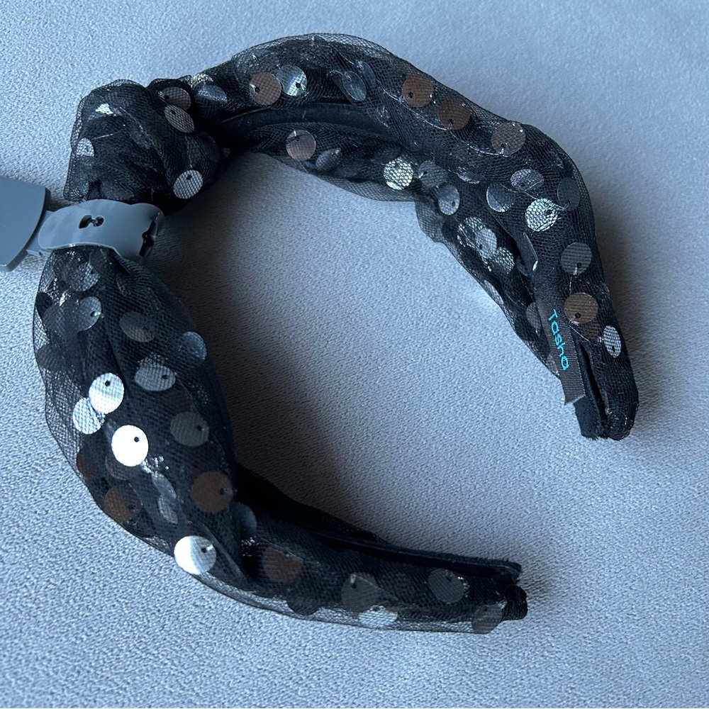 Tasha ~ Knot Headband with Silver Sequins Wrapped in Black Tulle ~ Brand New!